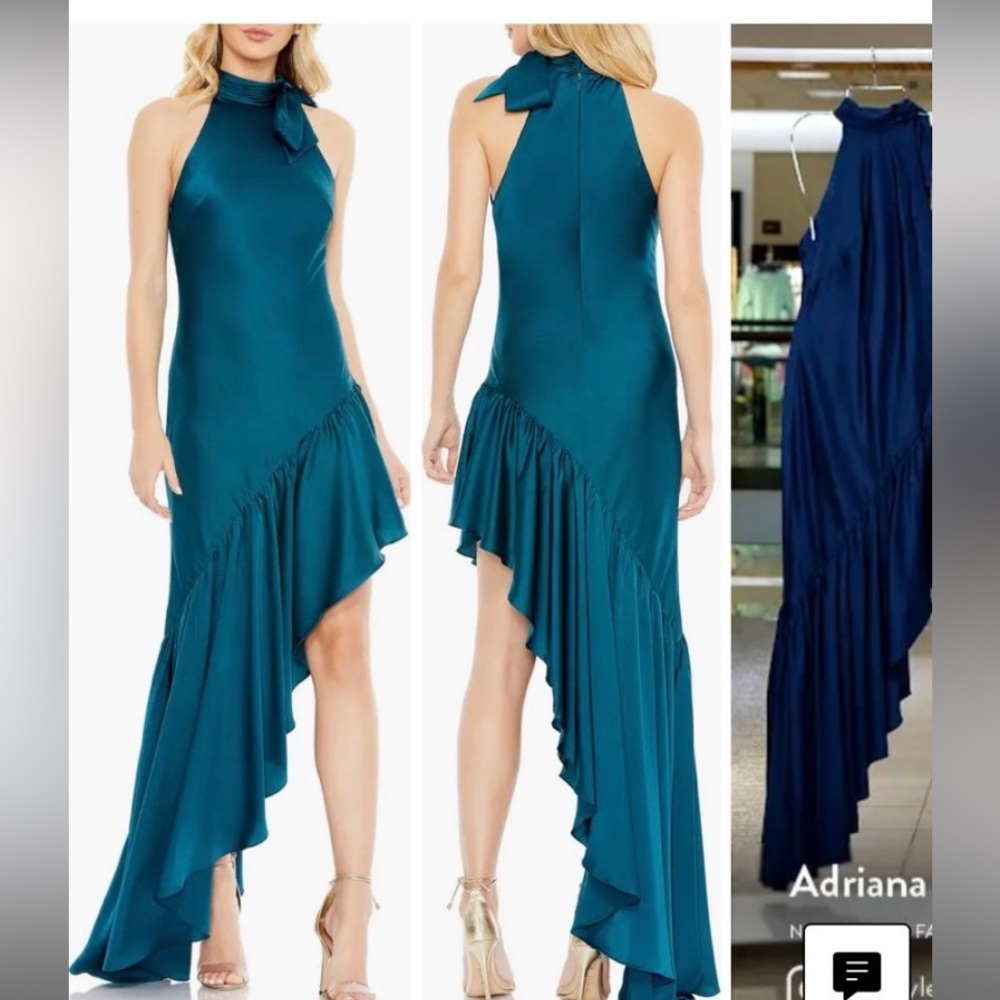 Mac Duggal Halter Neck Ruffle Hem Asymmetric Satin Gown